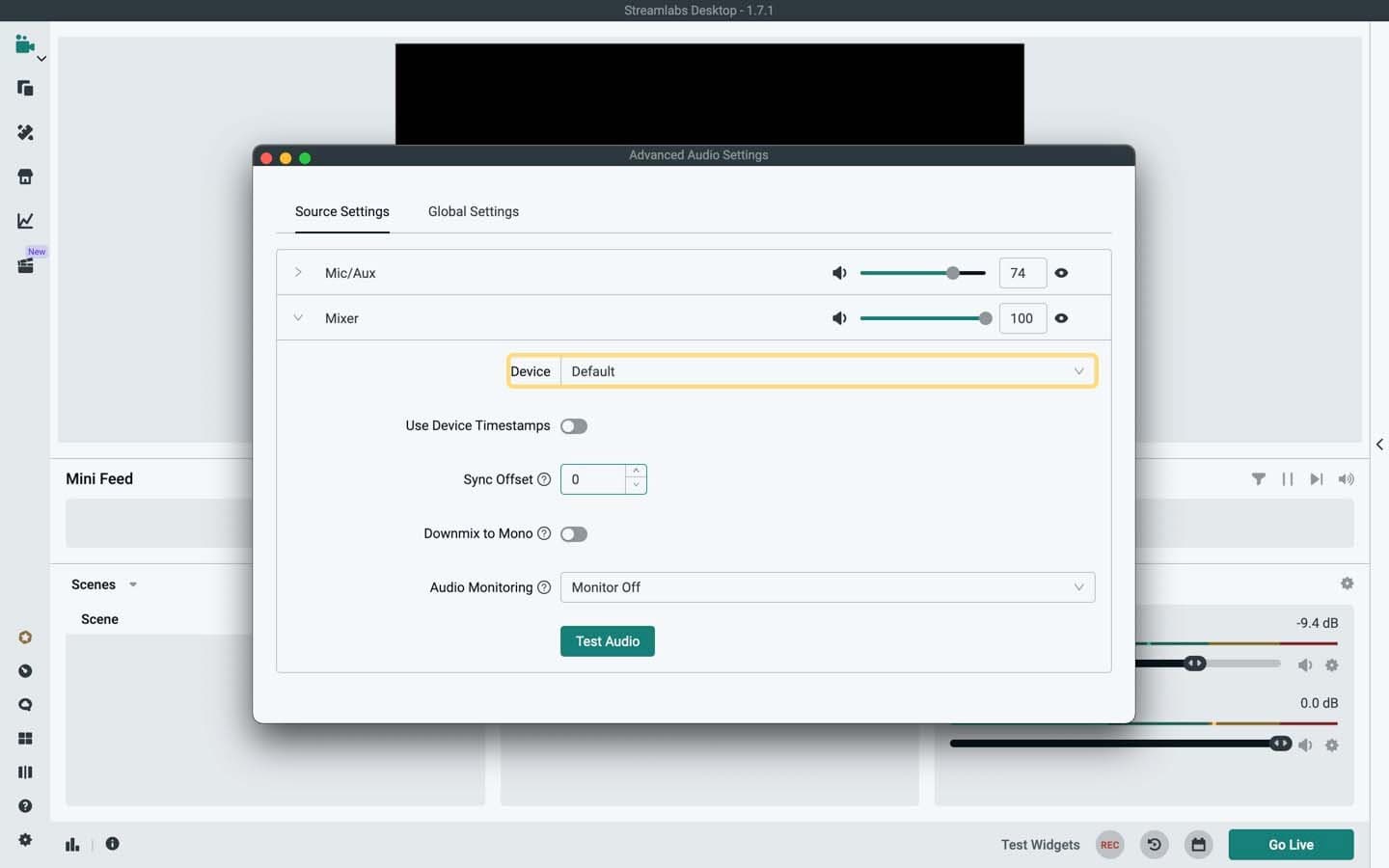 The Audio Input Source Settings In Streamlabs.