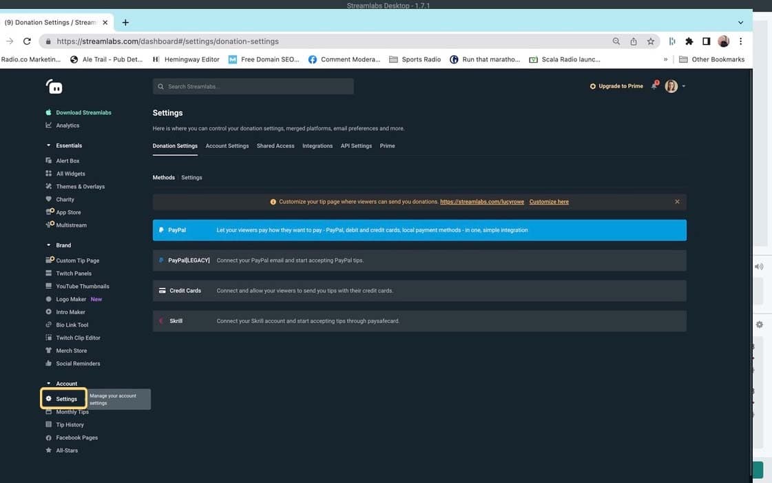 The payment settings in the Streamlabs browser dashboard.