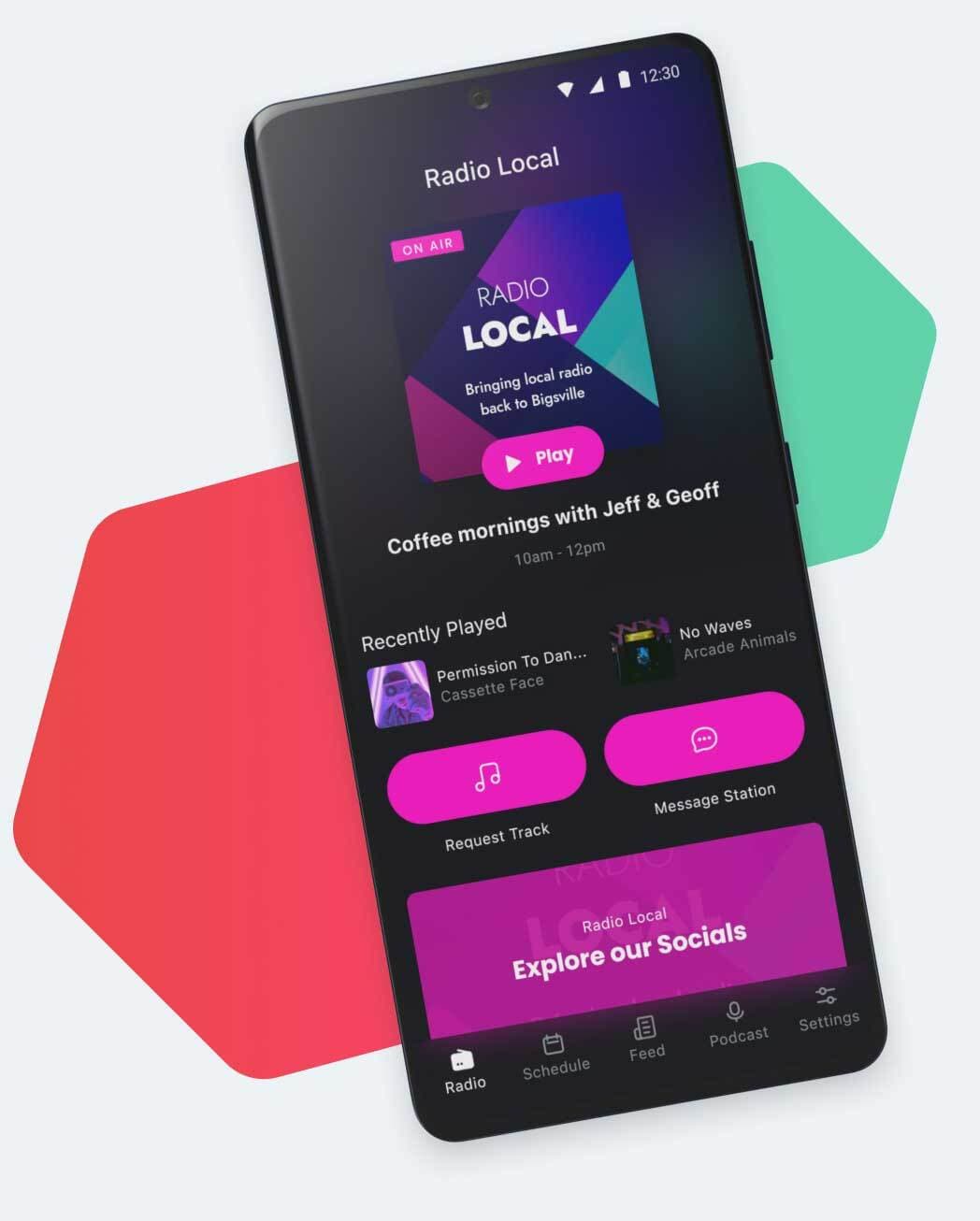 A graphic showing a smartphone and the homescreen within a radio app.Behind the smartphone there is a green and a red hexagon.