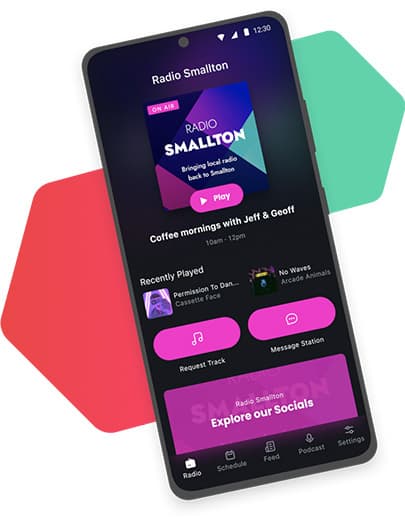 An example of a Radio.co radio app: a phone with the app open, showing the station name, thumbnail, options to request track, message station, play & pause the stream and more.
