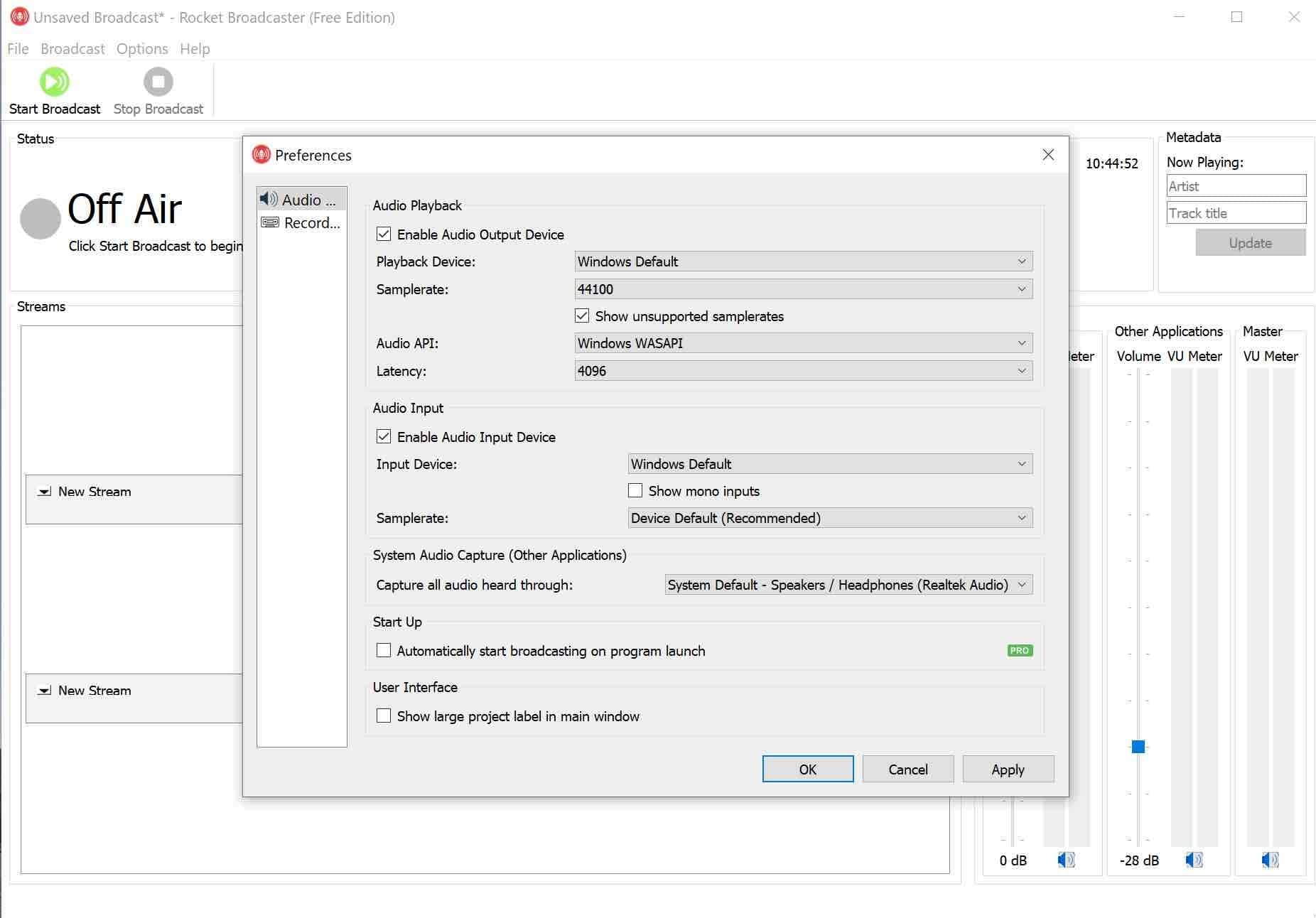 Rocket Broadcaster Audio Settings