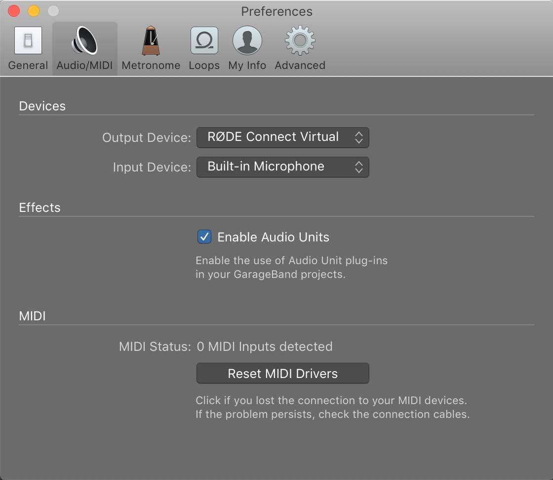 Rode Connect Setup for Radio Garageband Settings