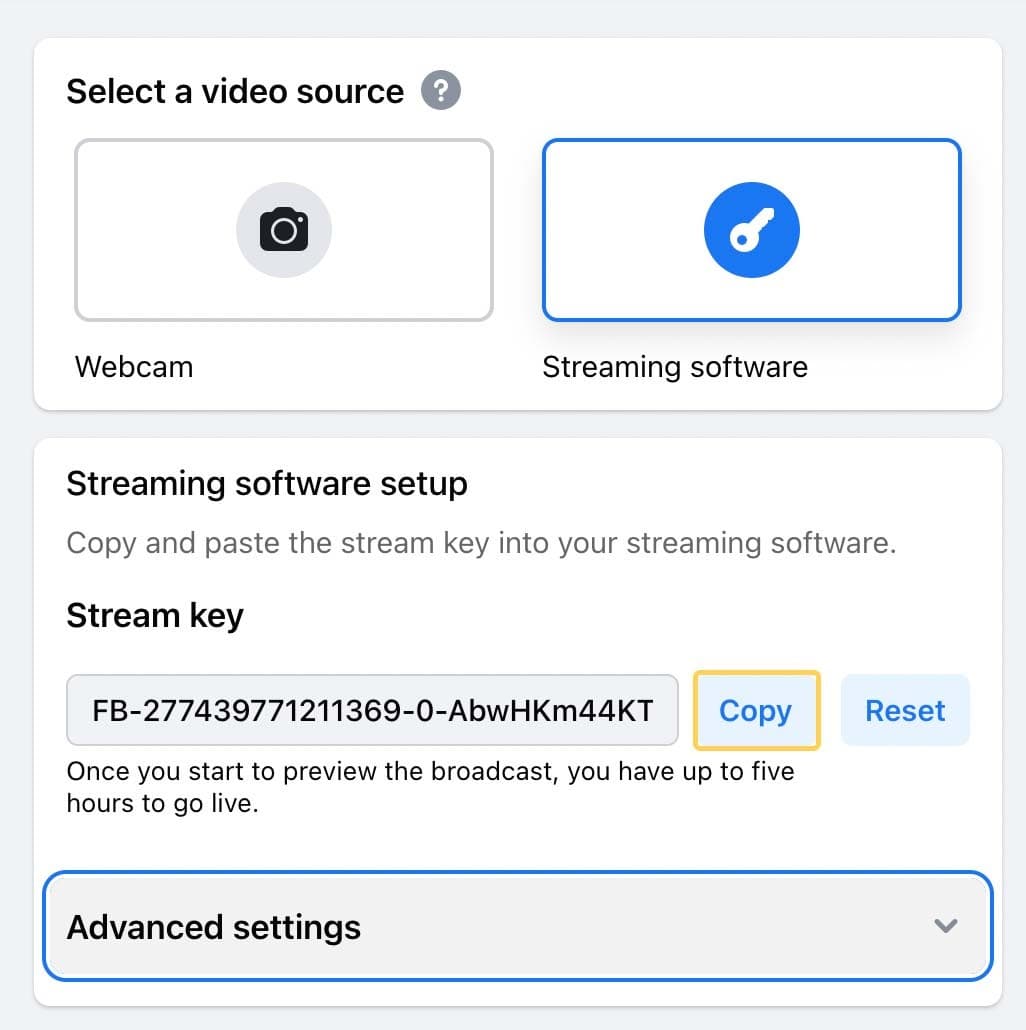 The video source options for creating a Facebook Live event.