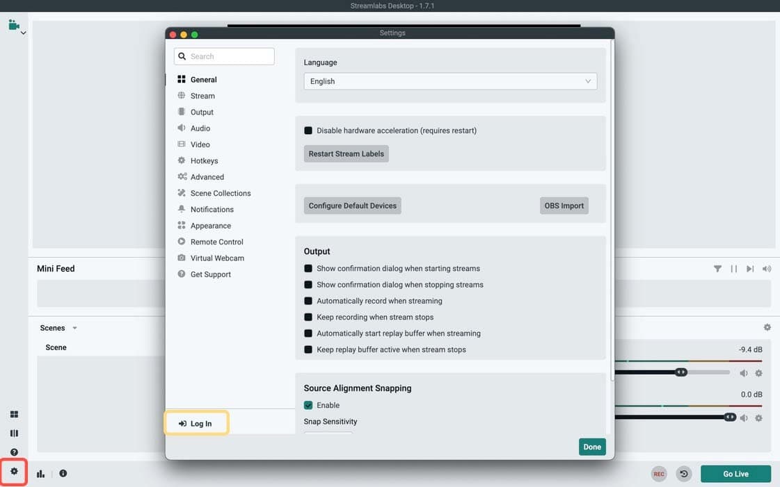 The settings window in Streamlabs.