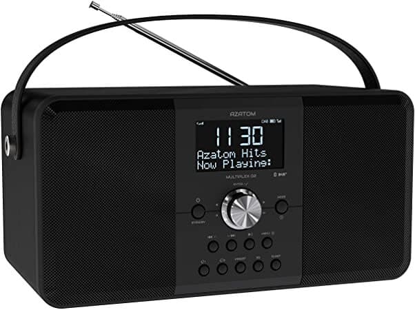 Image shows a black DAB radio, including a LED screen that's displaying the time, radio station name and