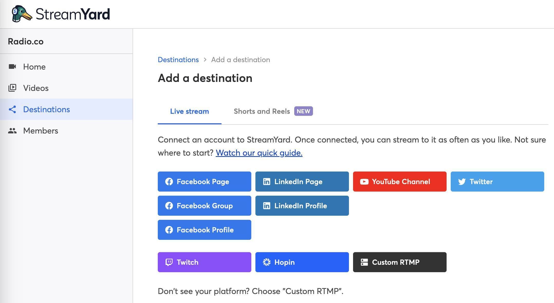 StreamYard destination options.