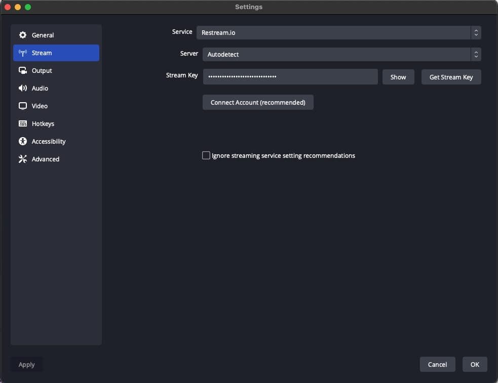 OBS stream key for Restream.