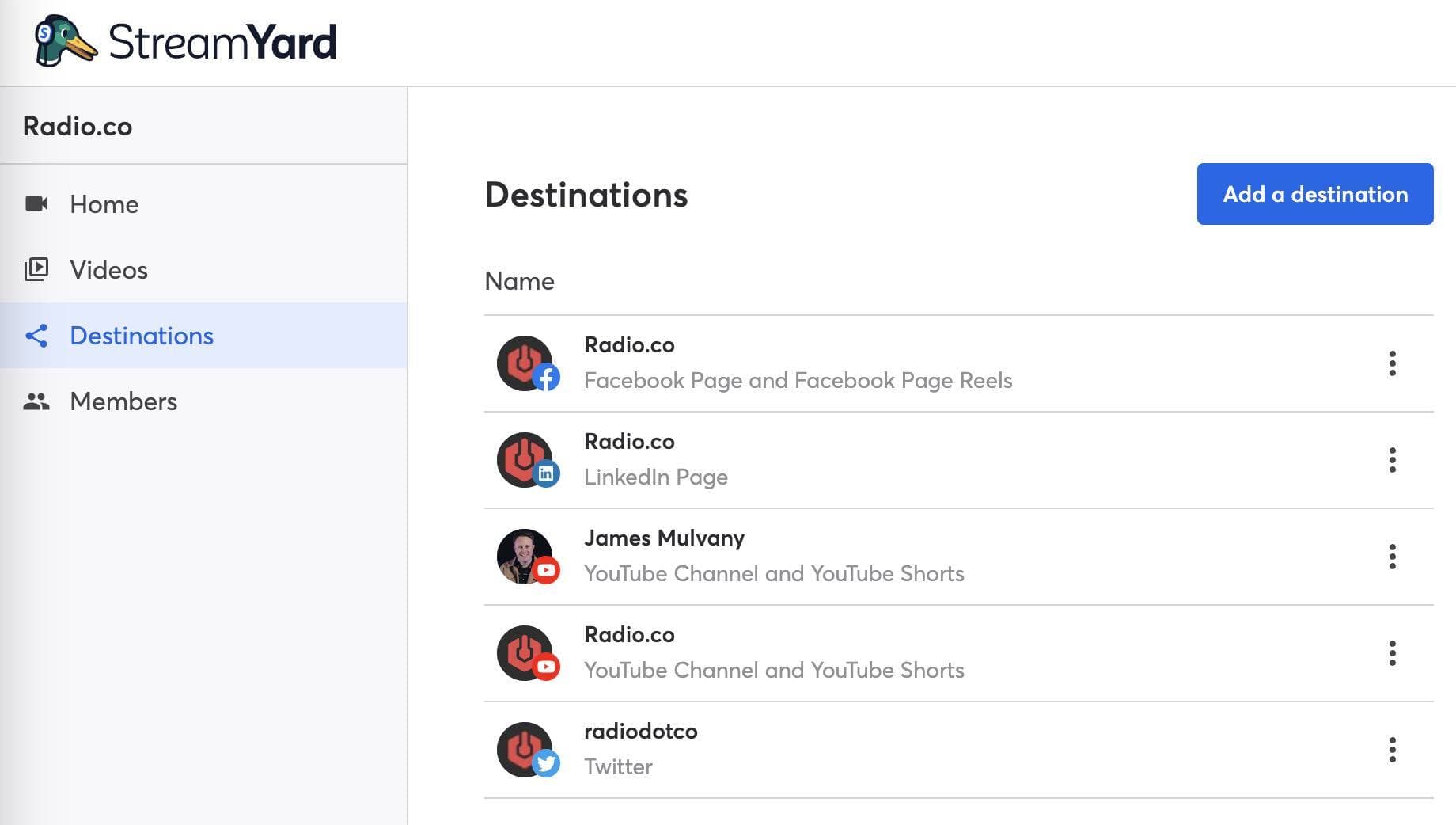 StreamYard destinations.