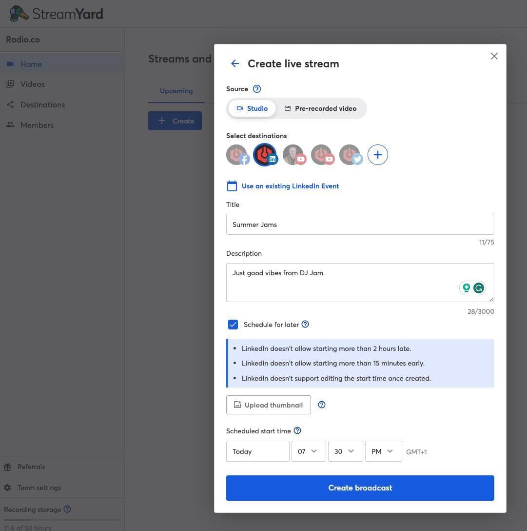 StreamYard scheduling a live stream.