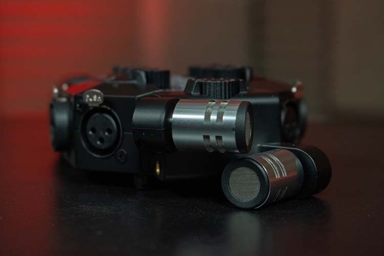 A close-up shot of the XYH-6 microphones, attached to the Zoom H8.
