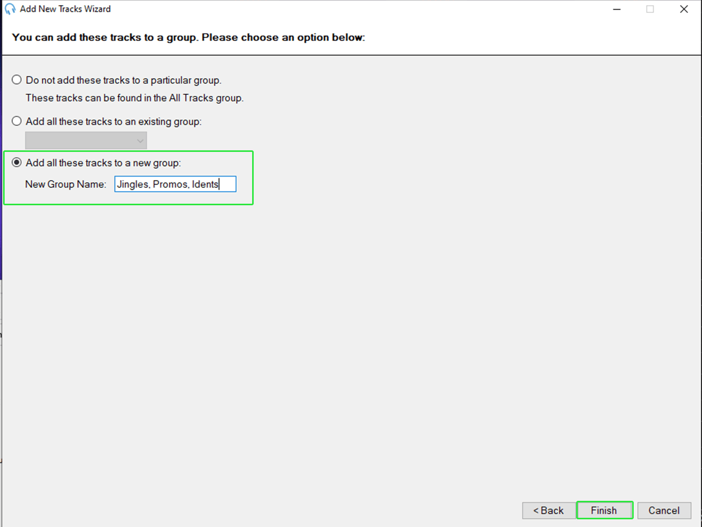 A screenshot showing the options for organising uploading files in to groups in PlayIt Live.