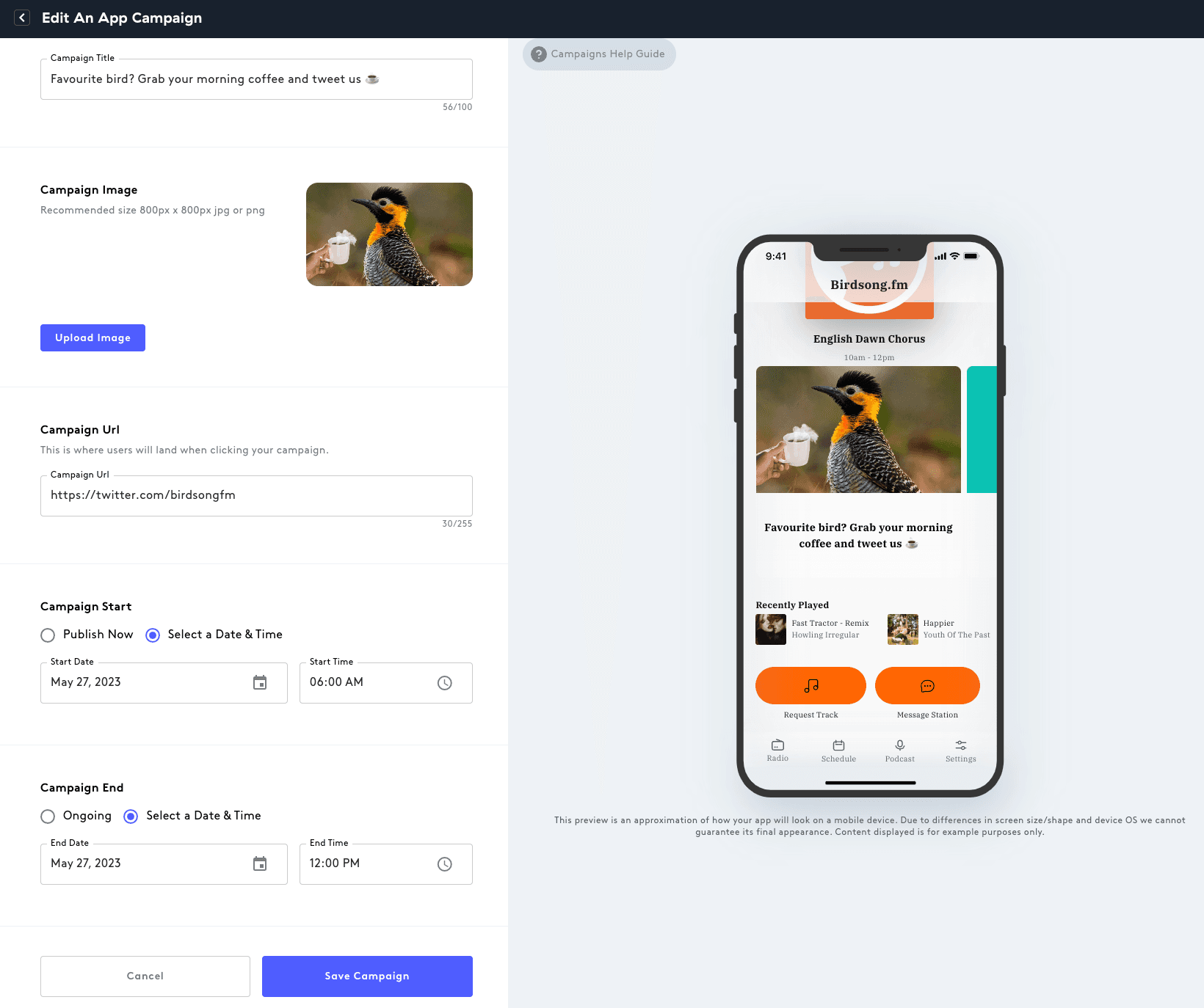 Editing an app campaign.