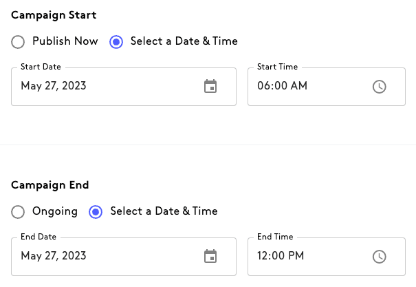 Setting the app campaign start and end times.
