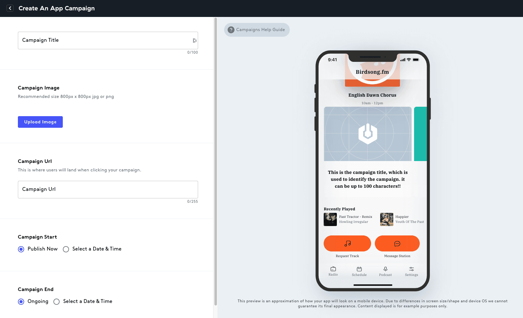Radio app campaigns overview.