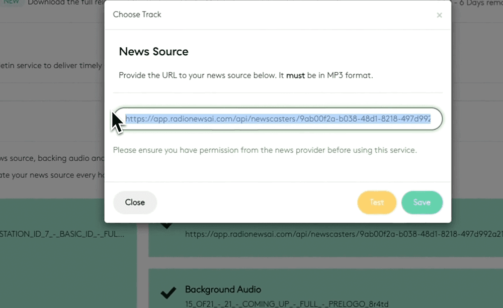 A screenshot showing the URL pasted into the news source section within the Radio.co dashboard.