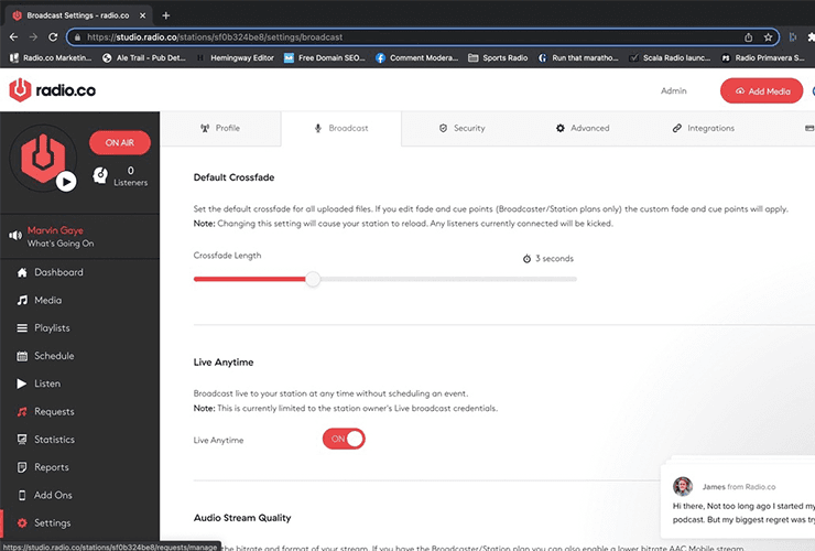 The default cross fader settings in the Radio.co dashboard.