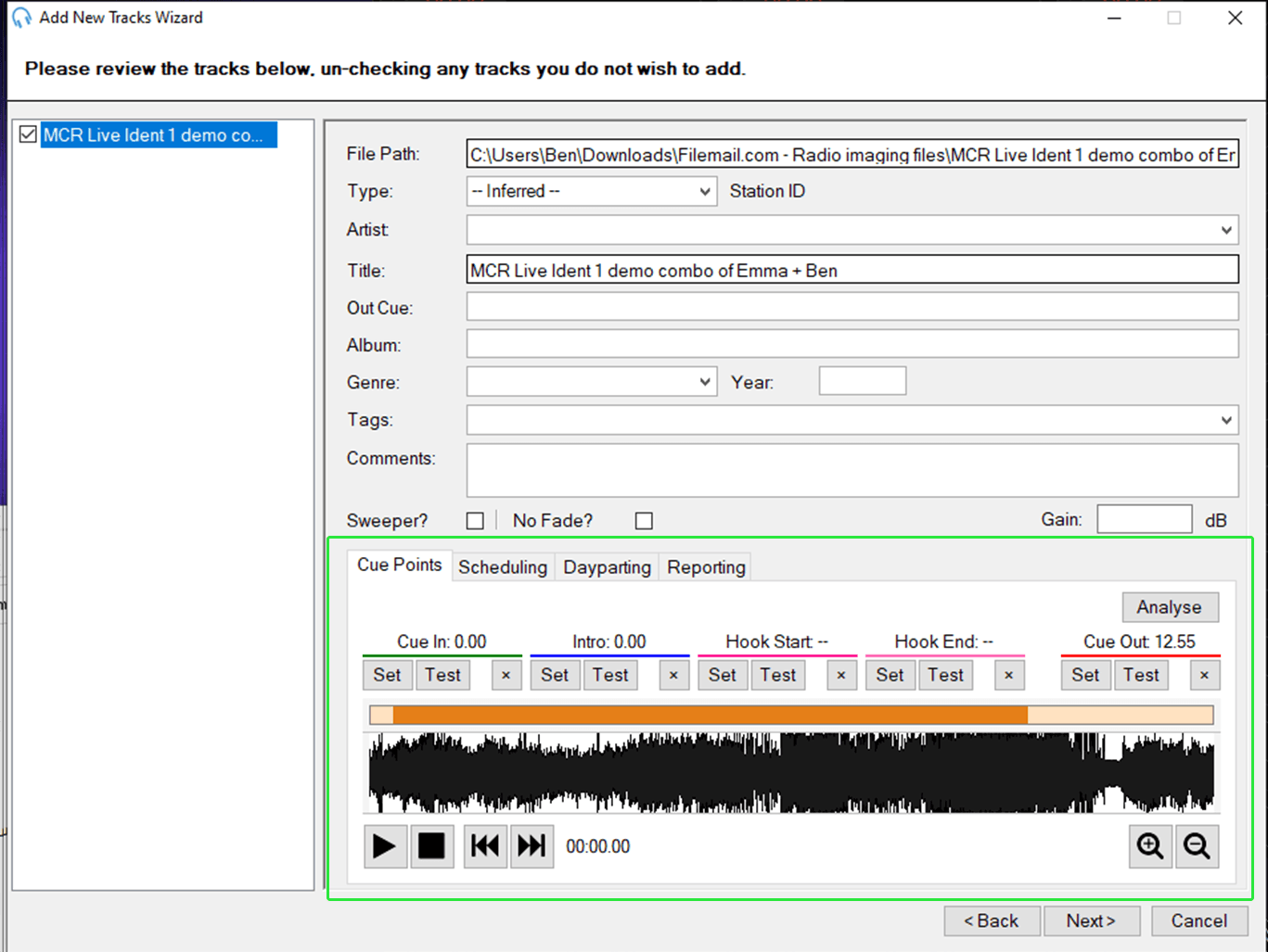 A screenshot showing the track review window in PlayIt Live.
