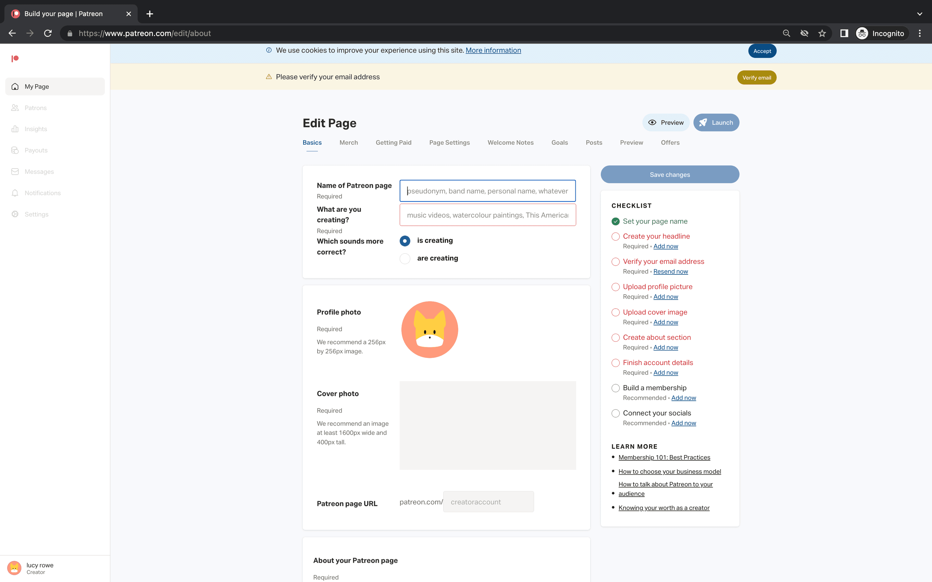 A screenshot of the settings for editing your Patreon page.