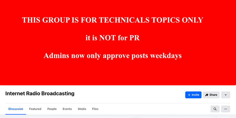 A screenshot of the Internet Radio Broadcasting Facebook Group.