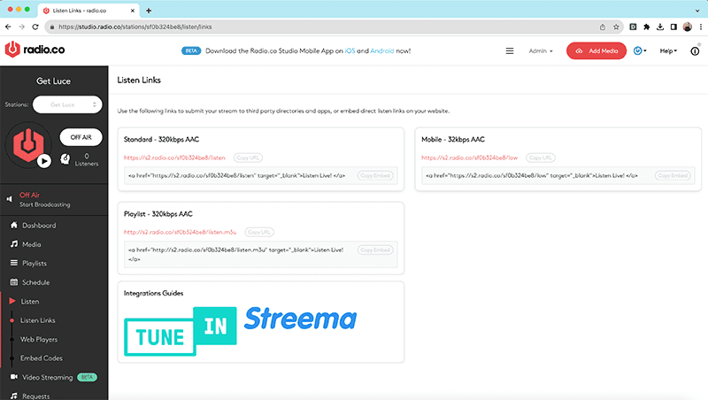 Radio.co listen links.