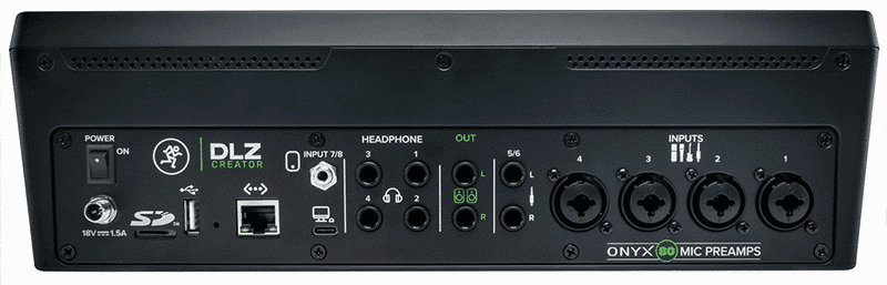 The back of the DLZ Mackie Creator, showing it's inputs, outputs and power socket.