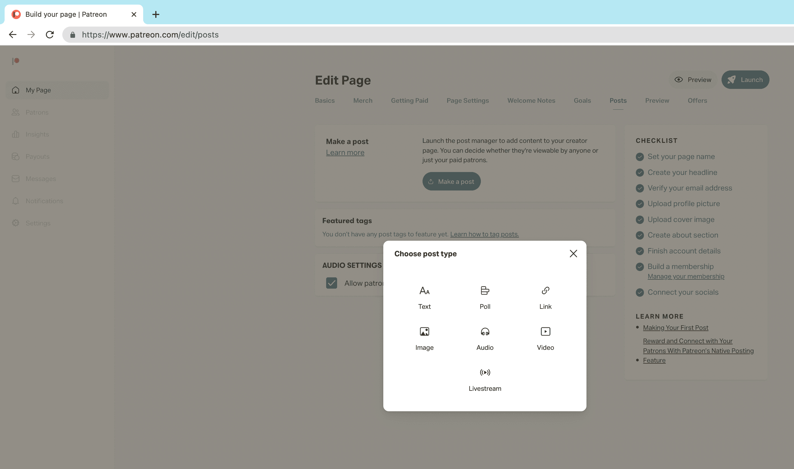 A screenshot showing what type of posts you can add to your Patreon page.