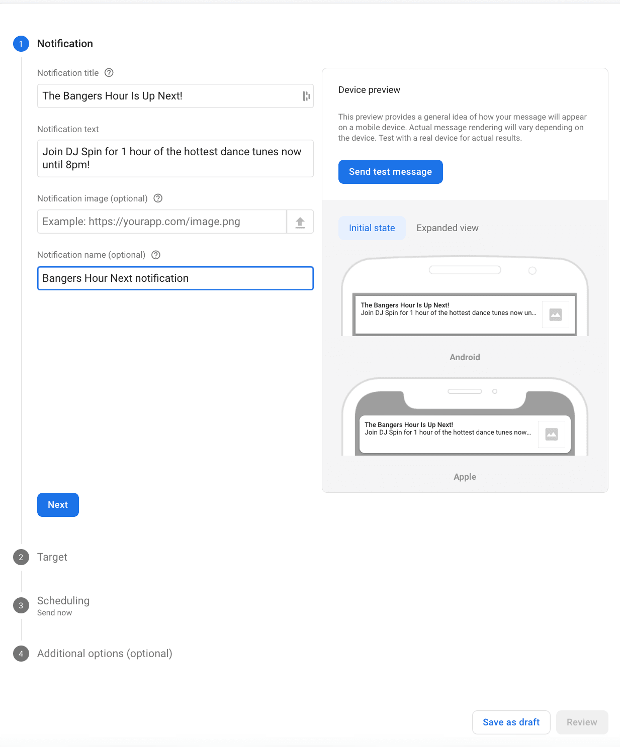 A screenshot showing the fields to complete to set up a push notification in Firebase.