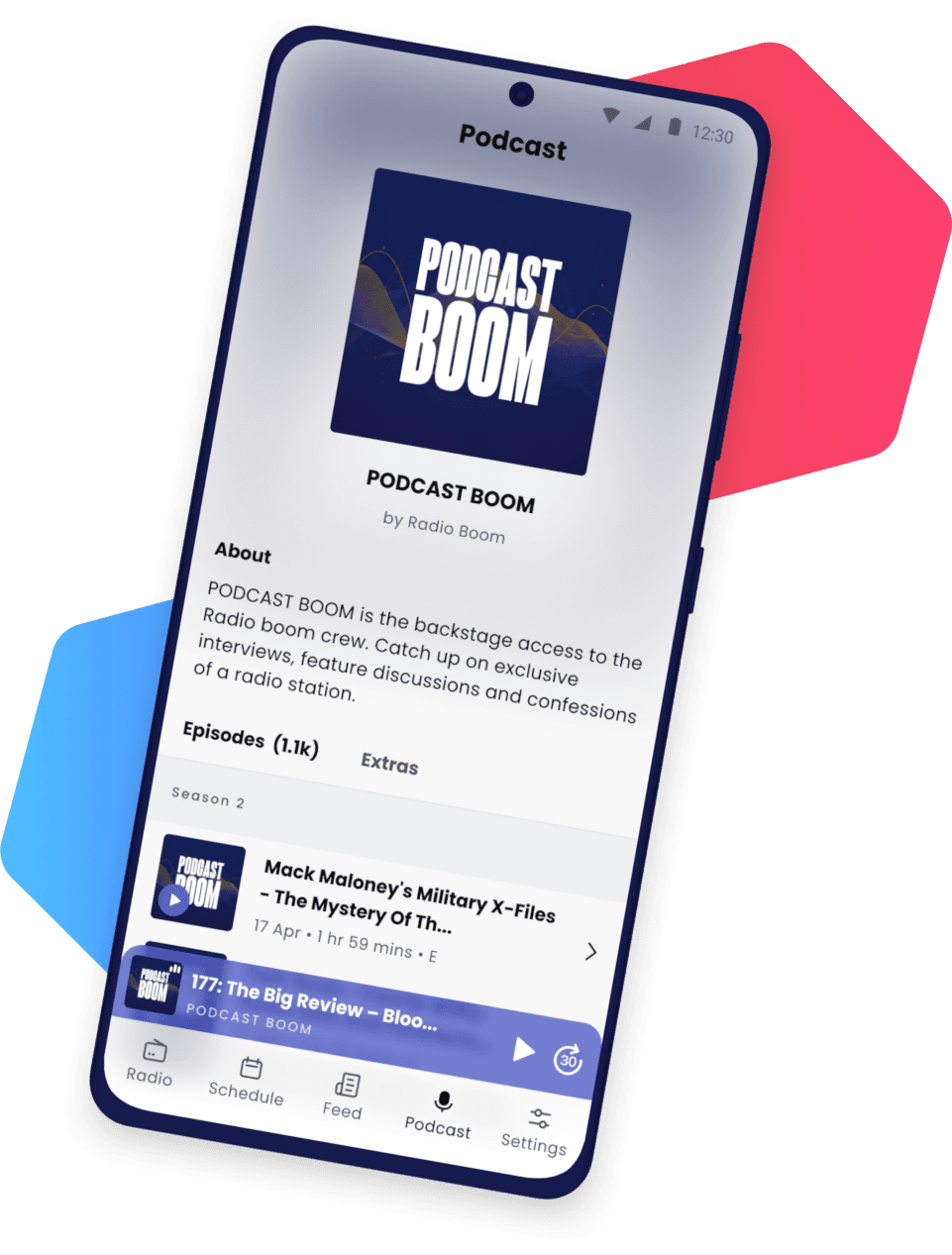 A graphic showing a smartphone and the podcast feed feature within a radio app. Behind the smartphone there is a blue and a red hexagon..