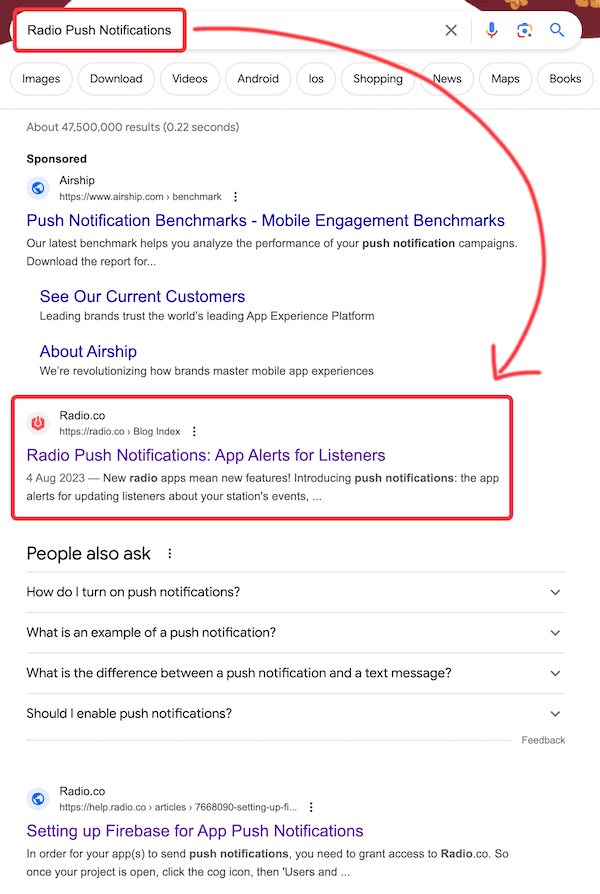 Radio SEO example keyword on Google.