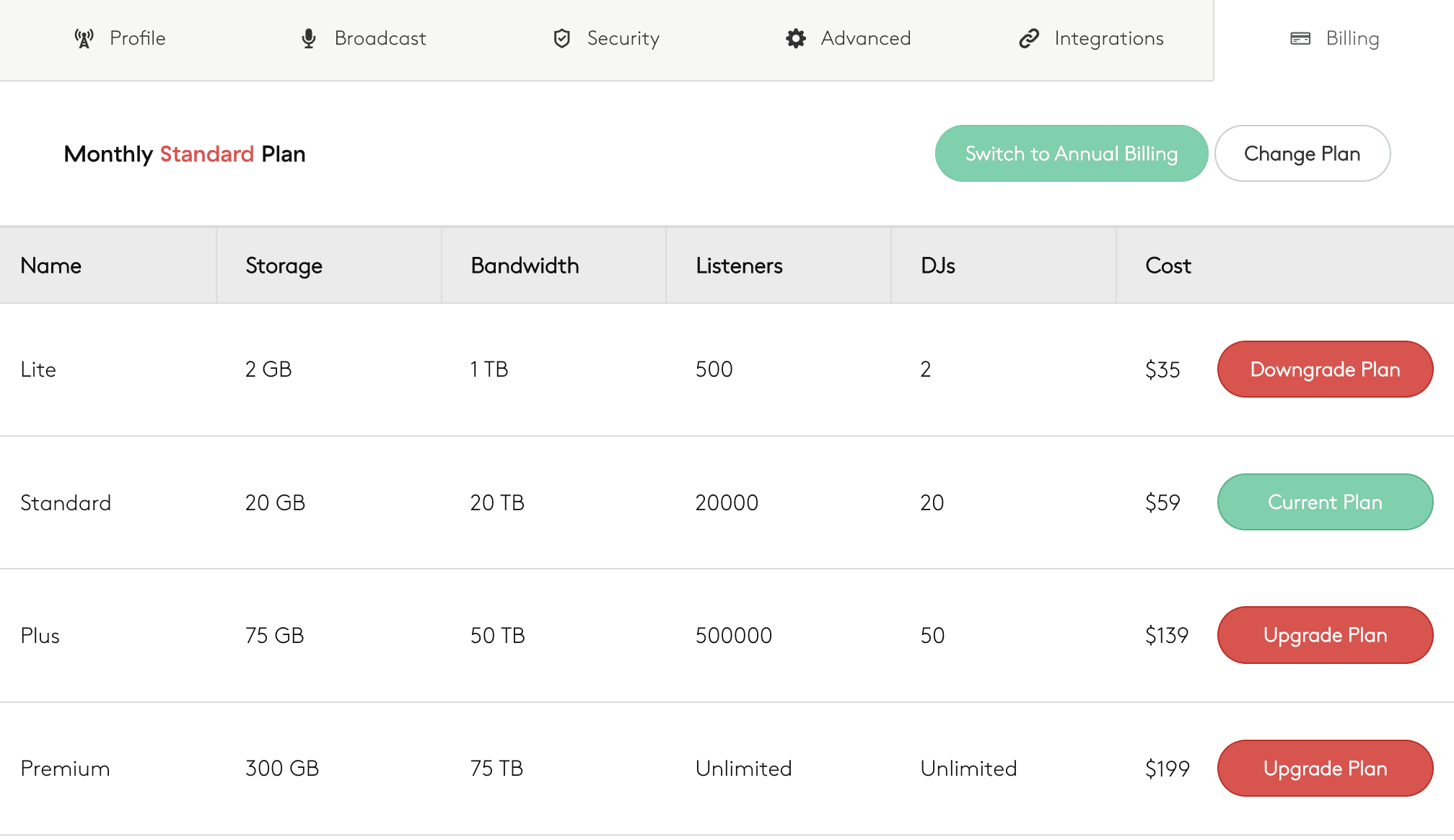 Switching plans in Radio.co Studio.