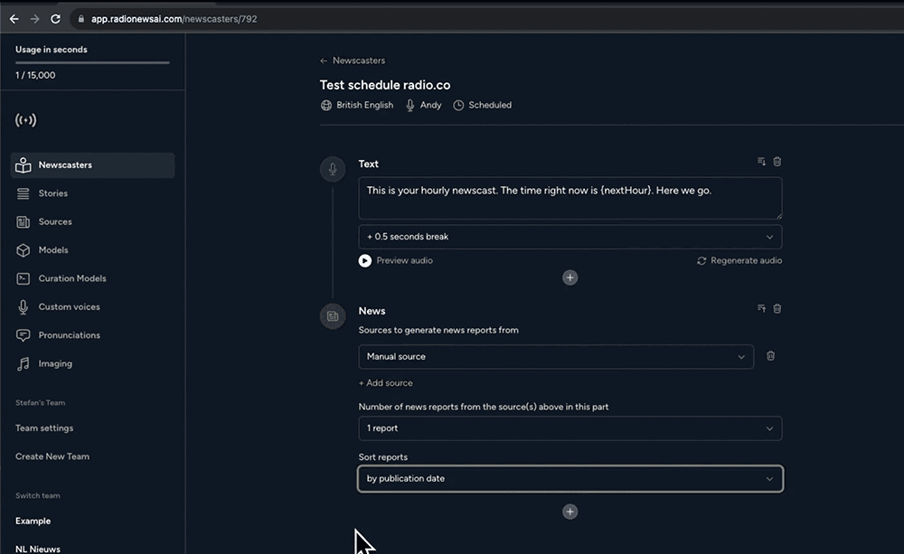 A screenshot showing some settings for the RadioNews AI news bulletin.