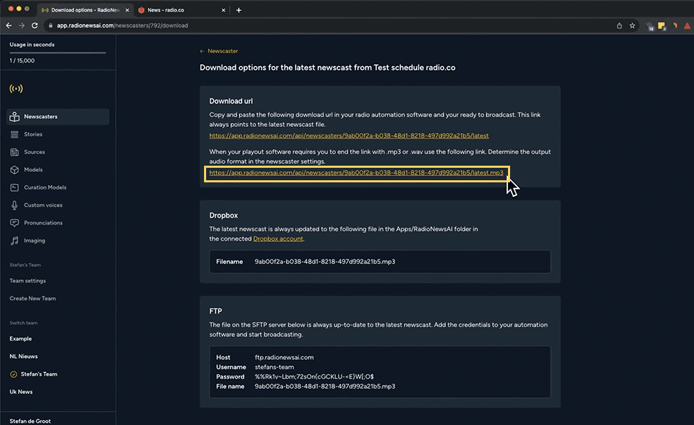 A screenshot showing the URL needing to be copied from RadioNews Ai.