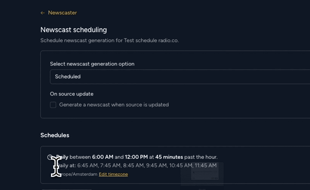 The Newscasters scheduling options within RadioNews AI.