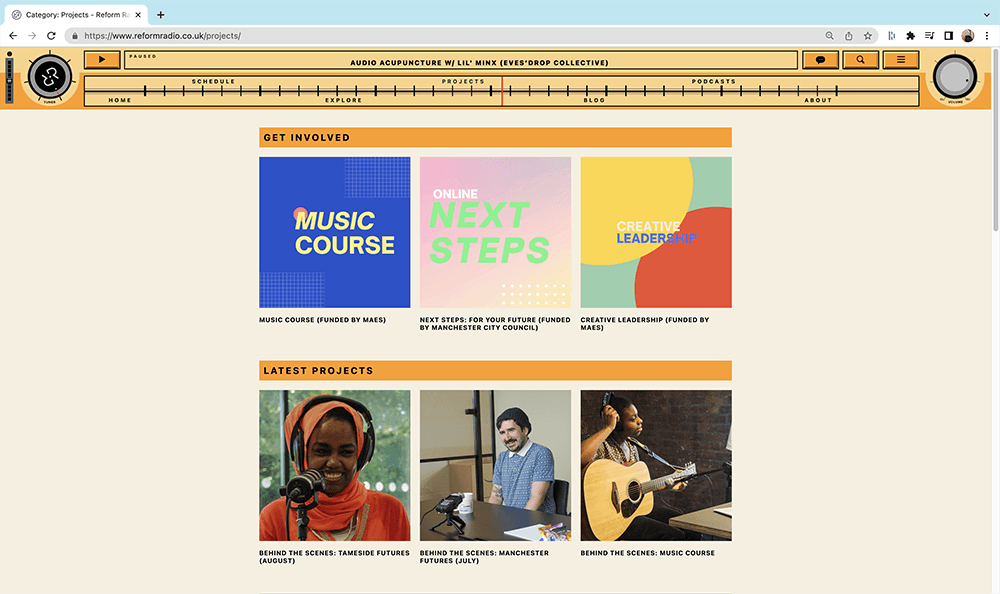 A screenshot of the Reform Radio projects tab, showing the funded projects they are hosting.