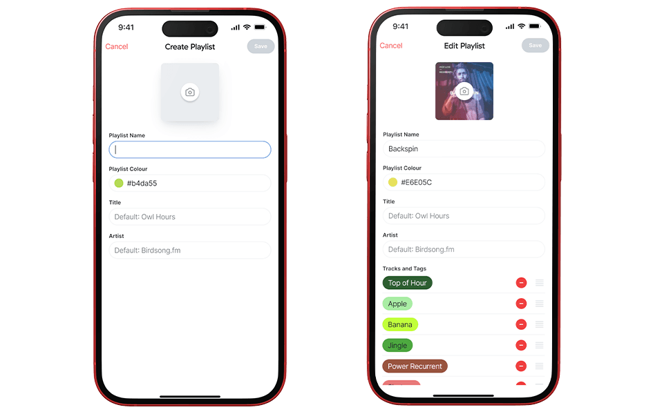 Two smartphones side by side, showing features of the Studio Mobile App on their screens. The phone on the left show the Create Playlist page while the phone on the right shows the edit playlist feature. a