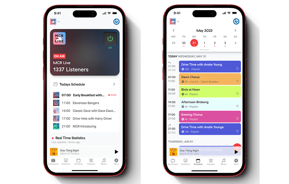 Two screenshots of the Radio.co studio mobile app side by side. The left hand screenshot shows the radio station, an overview of the schedule, what's playing, and the options to go to other tabs. The right hand screenshot shows a radio stations schedule. The month and year are at the top of the screen, followed by the dates and days of the week listed horizontally below. Underneath the days of the week are times on the left, and the show names on the right.