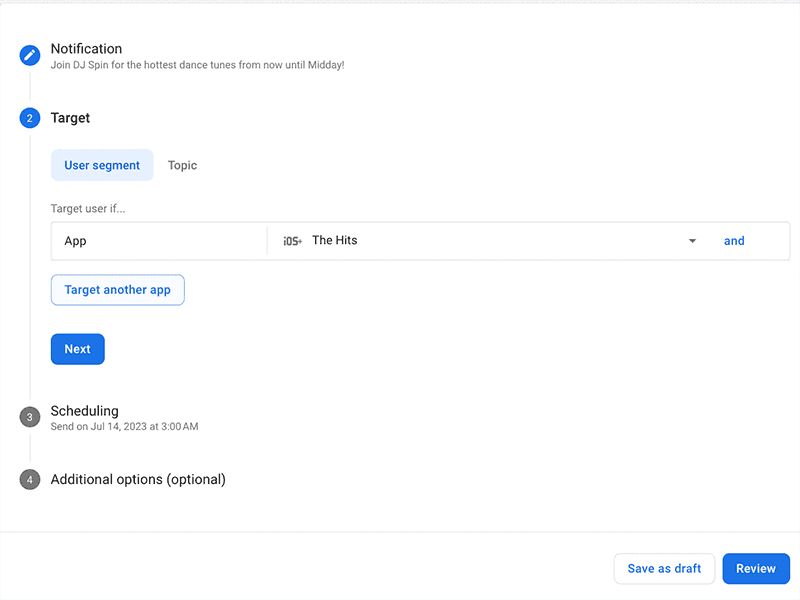 A screenshot showing the section in Firebase where you can target Android or iOS app s.