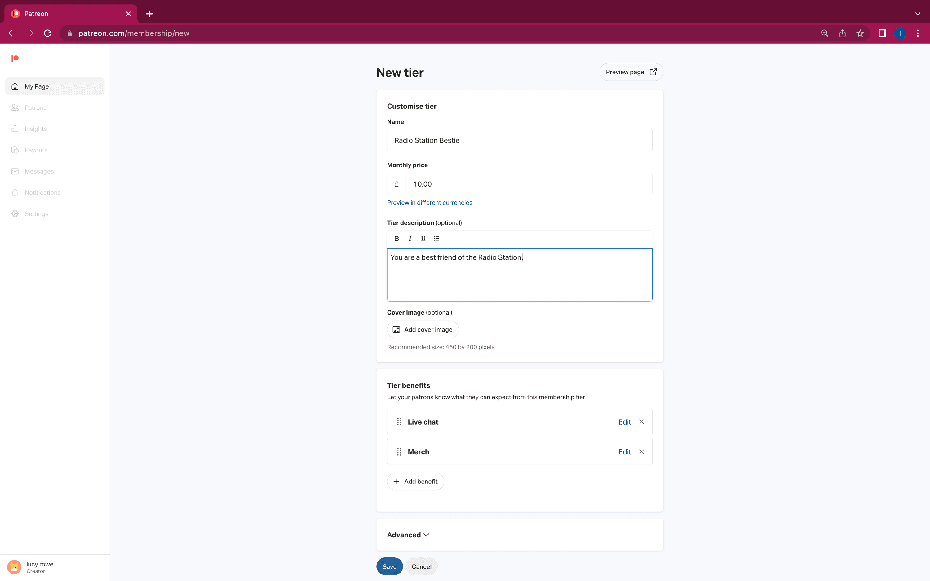 A screenshot showing what details you can complete for a membership tier.