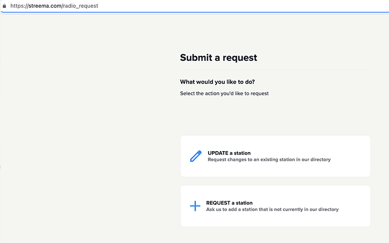 Screenshot of the Streema radio station submission page, showing the two options: Update a station or Submit a station.