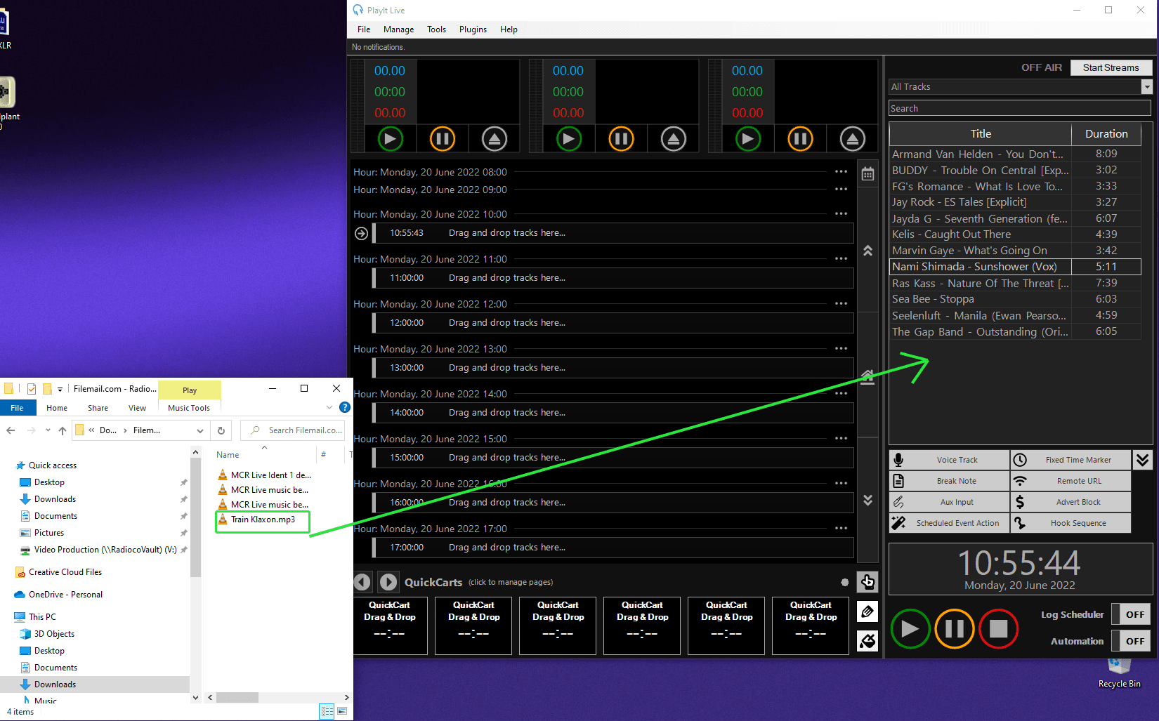 A screen grab showing where you should drag and drop audio files to upload them to PlayIt Live.