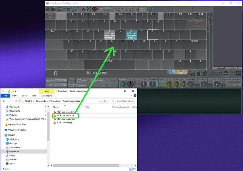 A screenshot showing the on-screen keyboard of Soundplant 50 and a window of audio sound effect files.