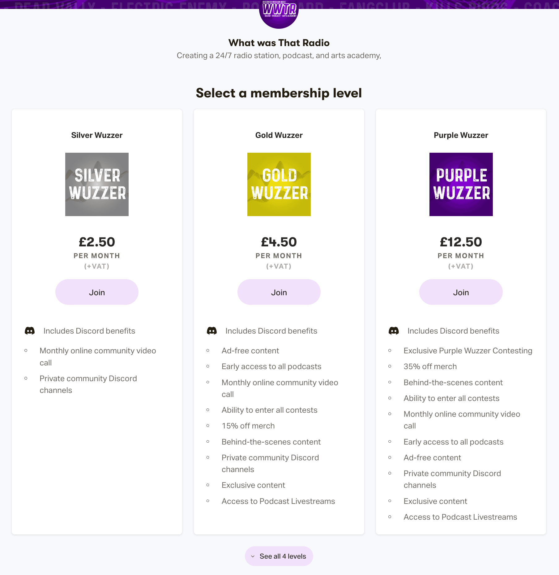 The membership tiers for What Was That Radio